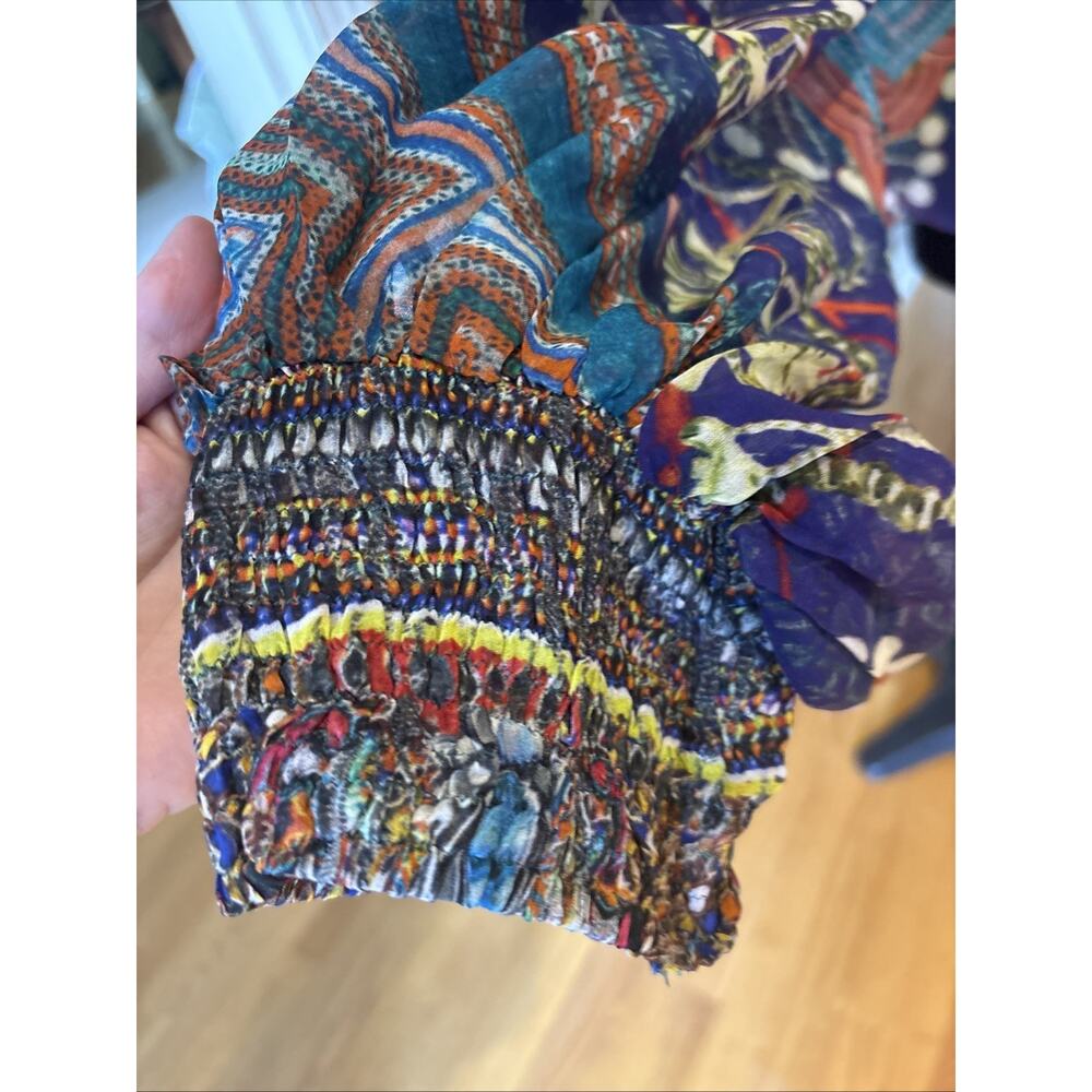 CAMILLA off shoulder or Silk Blouse crystals blue red open sleeve Shirred Cuff L - Picture 8 of 13